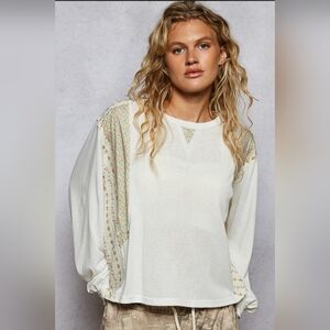 #723 POL Floral Contrast Roomy Long Sleeve Jersey (Off White)